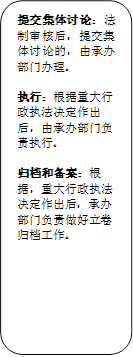 提交集体讨论：法制审核后，提交集体讨论的，由承办部门办理。

执行：根据重大行政执法决定作出后，由承办部门负责执行。

归档和备案：根据，重大行政执法决定作出后，承办部门负责做好立卷归档工作。
